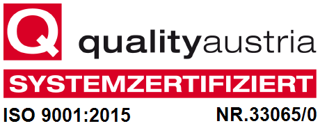 Logo Quality Austria Systemzertifiziert ISO 9001:2015 Nr. 33065/0